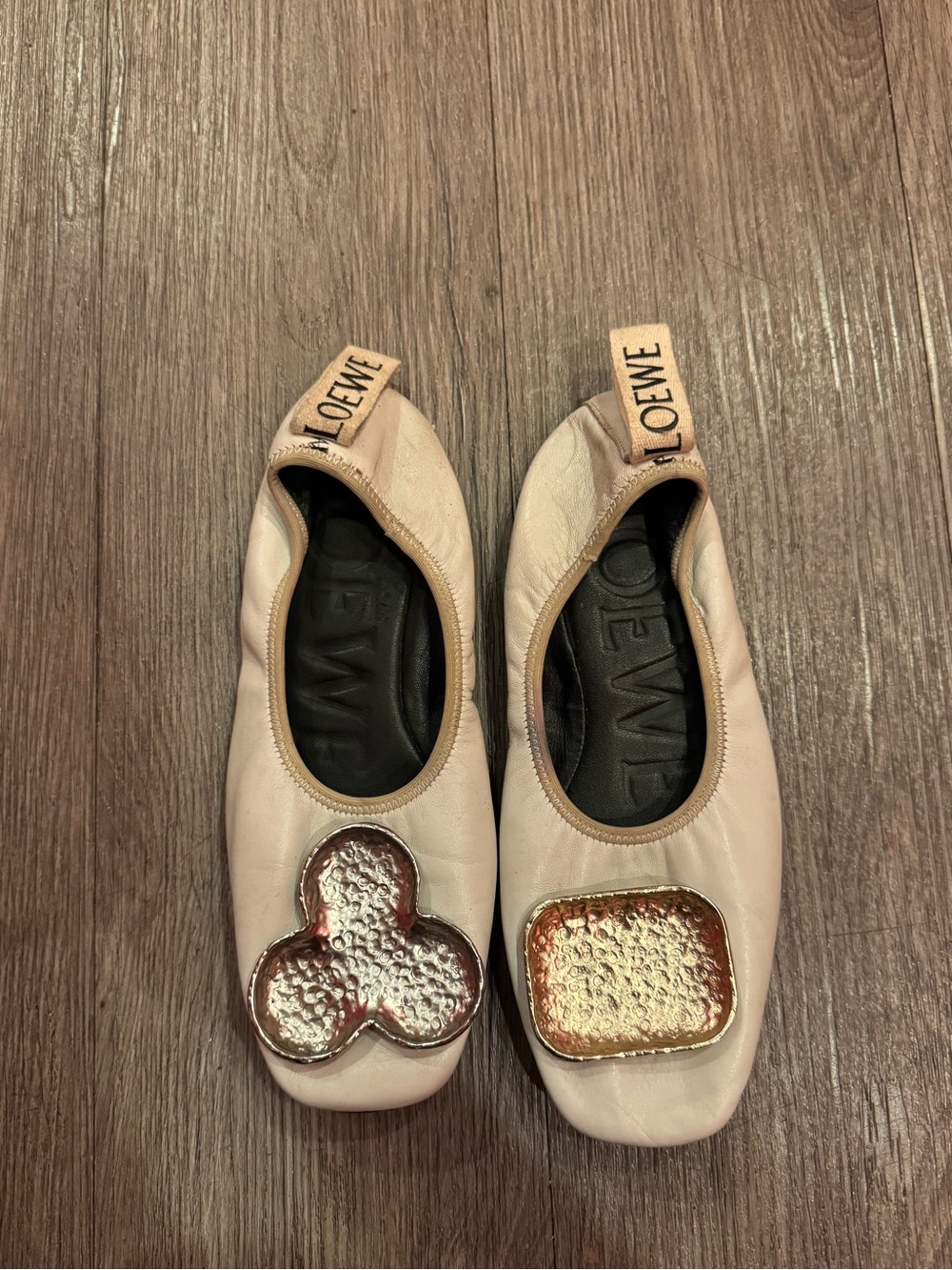 Loewe Women's Cream Leather Shamrock Mismatched Leather Ballet Flats